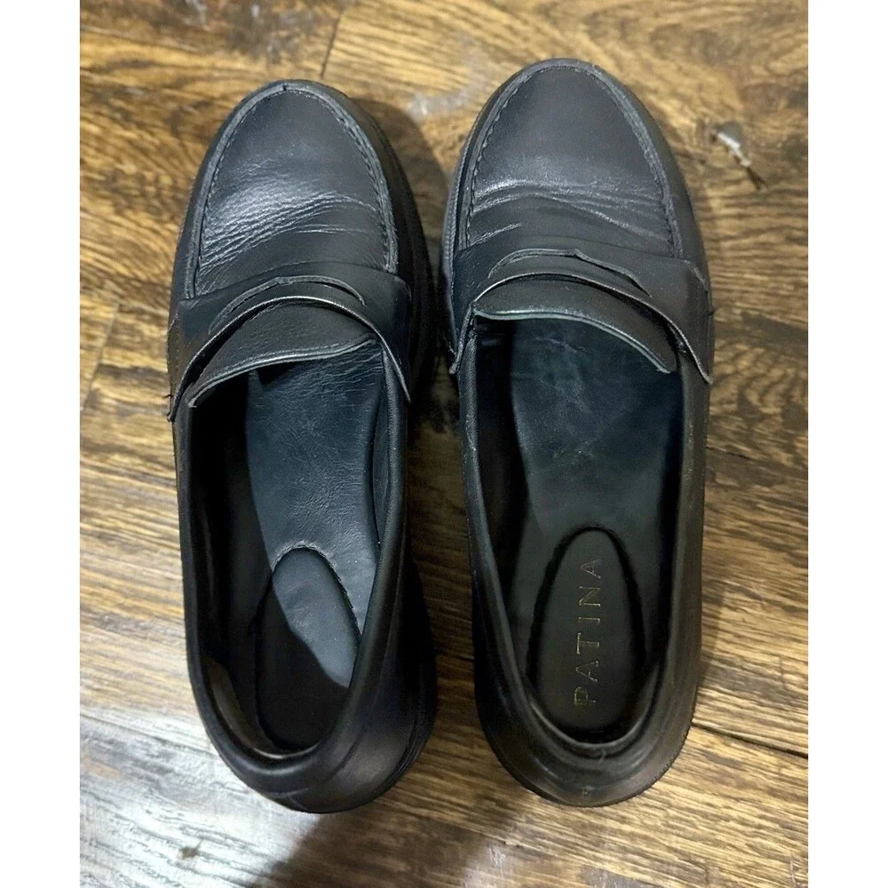 Patina Black Leather Penny Loafers Womens 7.5/EU37.5 Chunky Lug Sole Style 13451